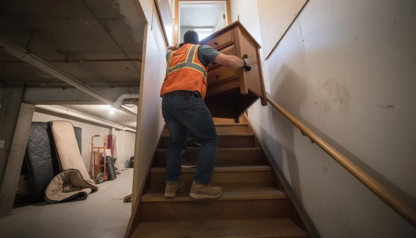 The image shows two workers carefully lifting a large piece of old furniture while navigating narrow basement stairs, highlighting the challenges of heavy lifting during basement cleanout services. This scene emphasizes the importance of safety and proper disposal when dealing with unwanted items in residential spaces.