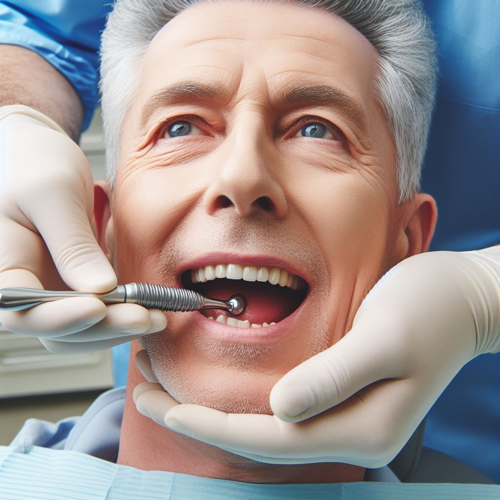 a man that needs a replacement tooth because he is missing a natural tooth