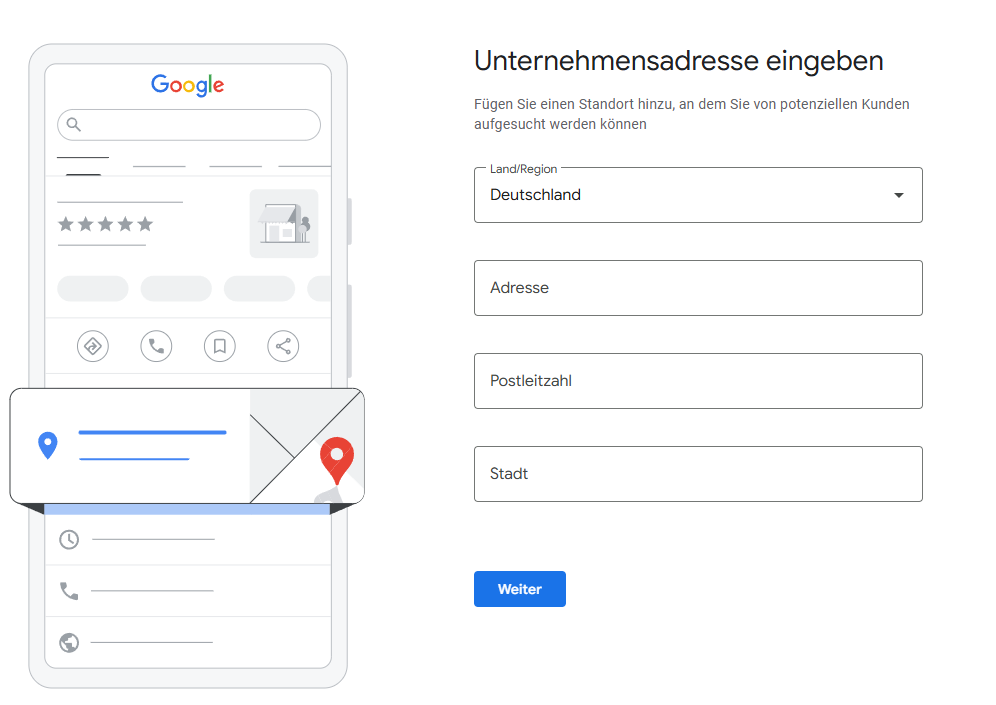 Bild zeigt die Eingabe der Unternehmensadresse in Google My Business