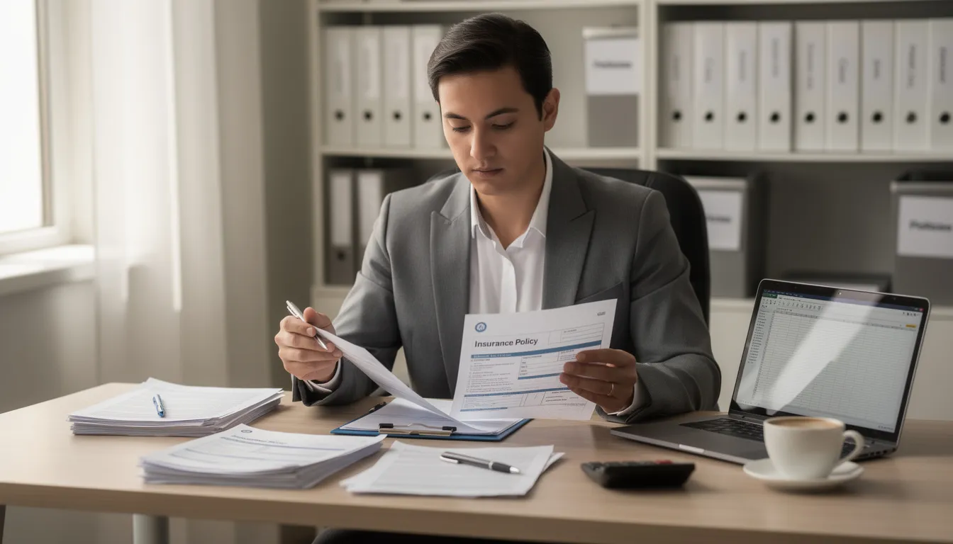 A person sits at a desk, diligently reviewing various insurance documents and paperwork, which may include their homeowners insurance policy and details about coverage limits. This scene highlights the importance of understanding common home insurance myths and ensuring adequate protection for personal belongings and property.