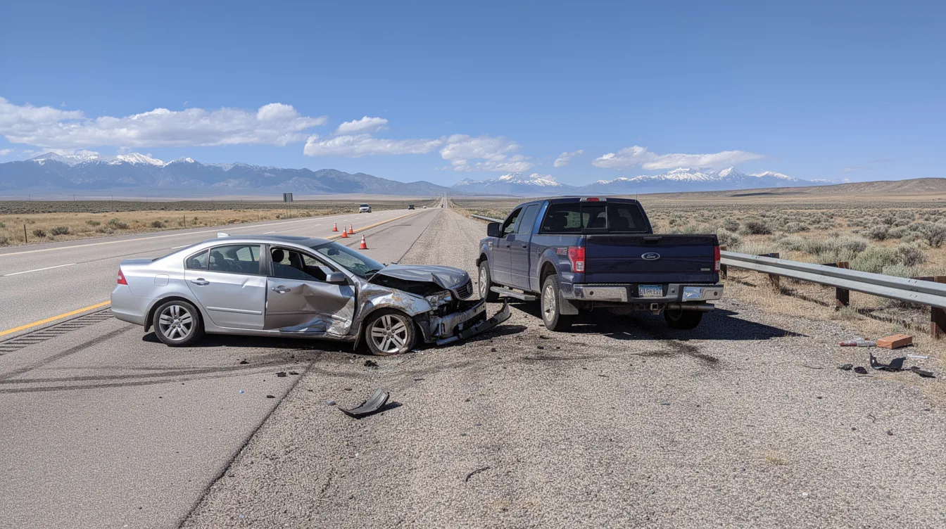 The image depicts two vehicles stopped on the shoulder of a Colorado highway following a car accident, highlighting the aftermath of a potential company car accident. Emergency responders may be present, and the scene illustrates the need for personal injury claims and workers compensation for any injured parties involved.