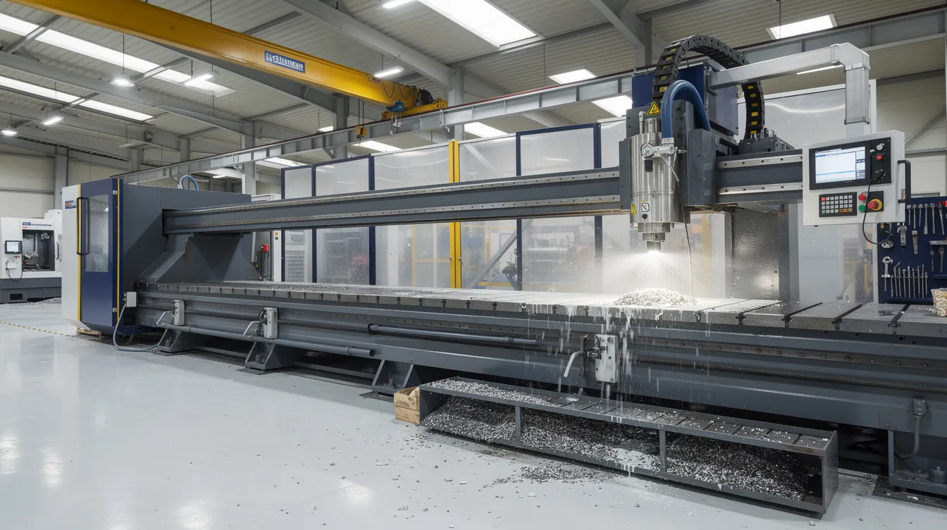 An industrial deep hole drilling machine is depicted, featuring a long horizontal bed and a high-pressure coolant system, designed for precise hole drilling in tough materials within a manufacturing facility. This machine utilizes advanced deep hole drilling technology to produce highly accurate holes with tight tolerances, enhancing efficiency in the machining process.