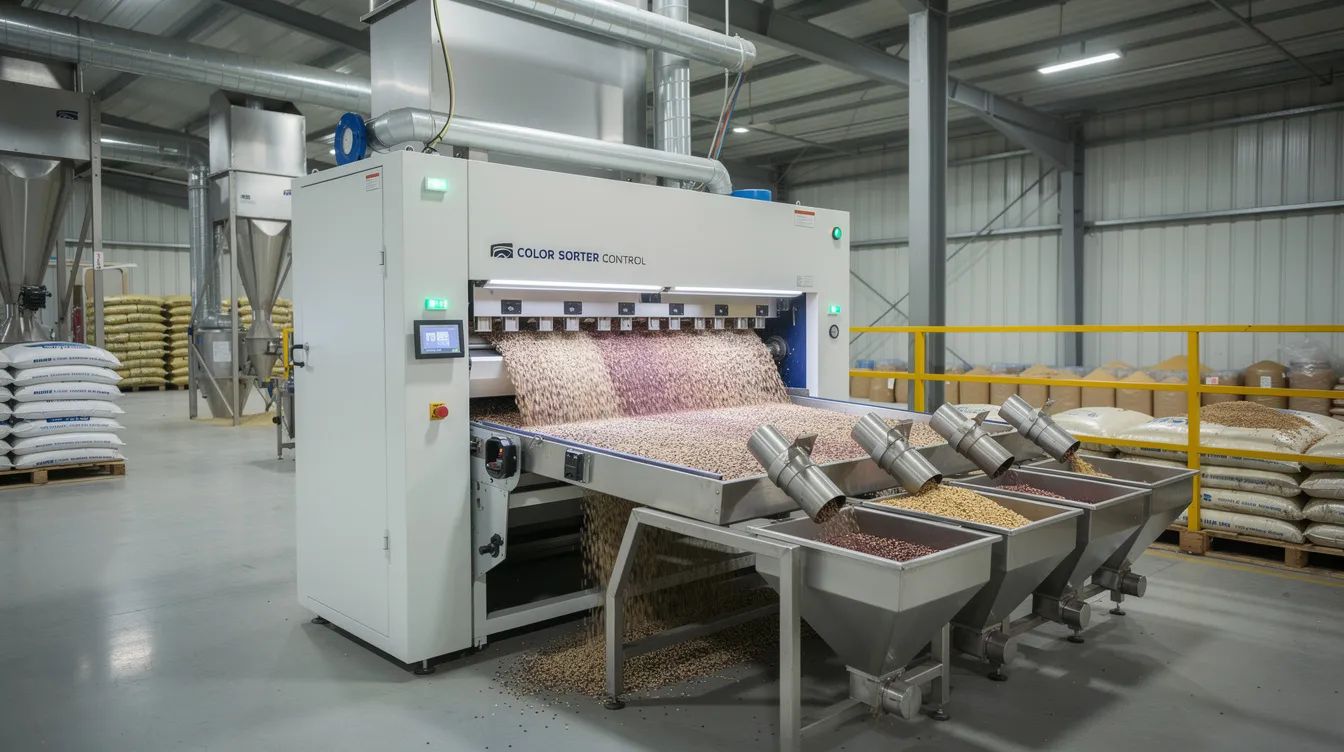 1fa4a375 5bbb 47cb 9155 ca8c978b5714 An optical colour sorting machine is shown in a modern dal mill, processing pulses like green gram and black gram while efficiently removing foreign matter and damaged grains through automated reject chutes. This technology plays a crucial role in ensuring food safety and compliance with quality management systems, contributing to the overall quality of agricultural commodities.