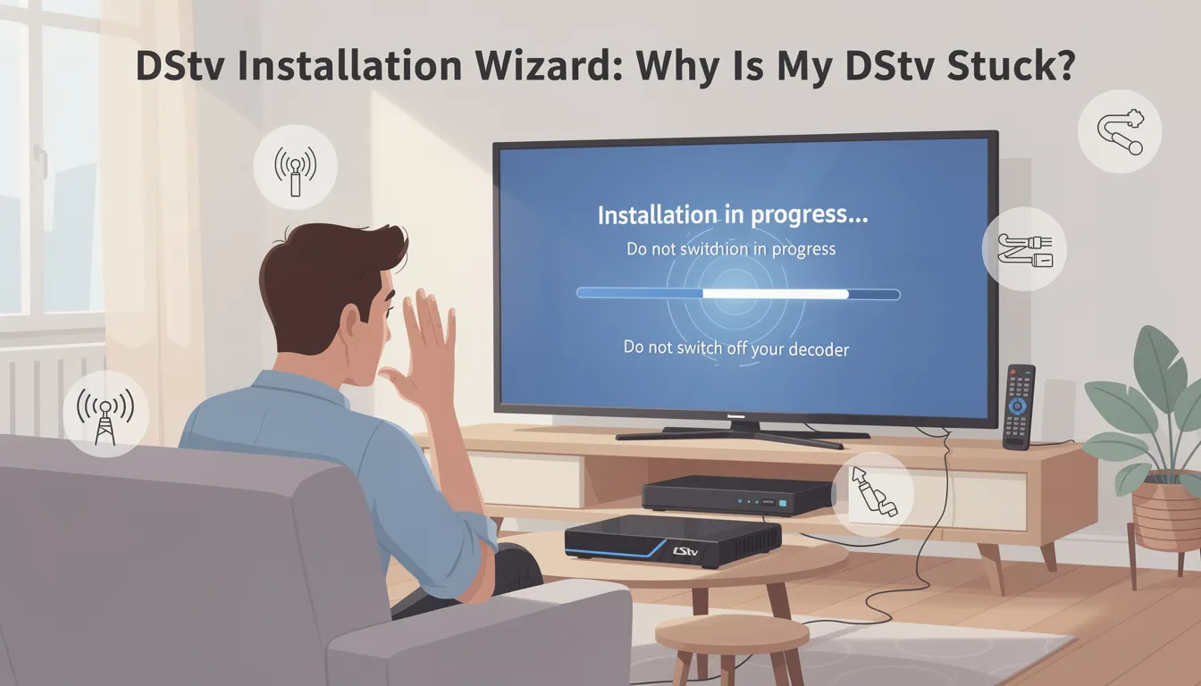 The image depicts the DStv Installation Wizard interface, highlighting common issues such as being stuck due to incorrect decoder settings or signal problems. It provides a visual guide for users in South Africa to troubleshoot their HD decoder by launching the installation wizard and checking satellite settings.