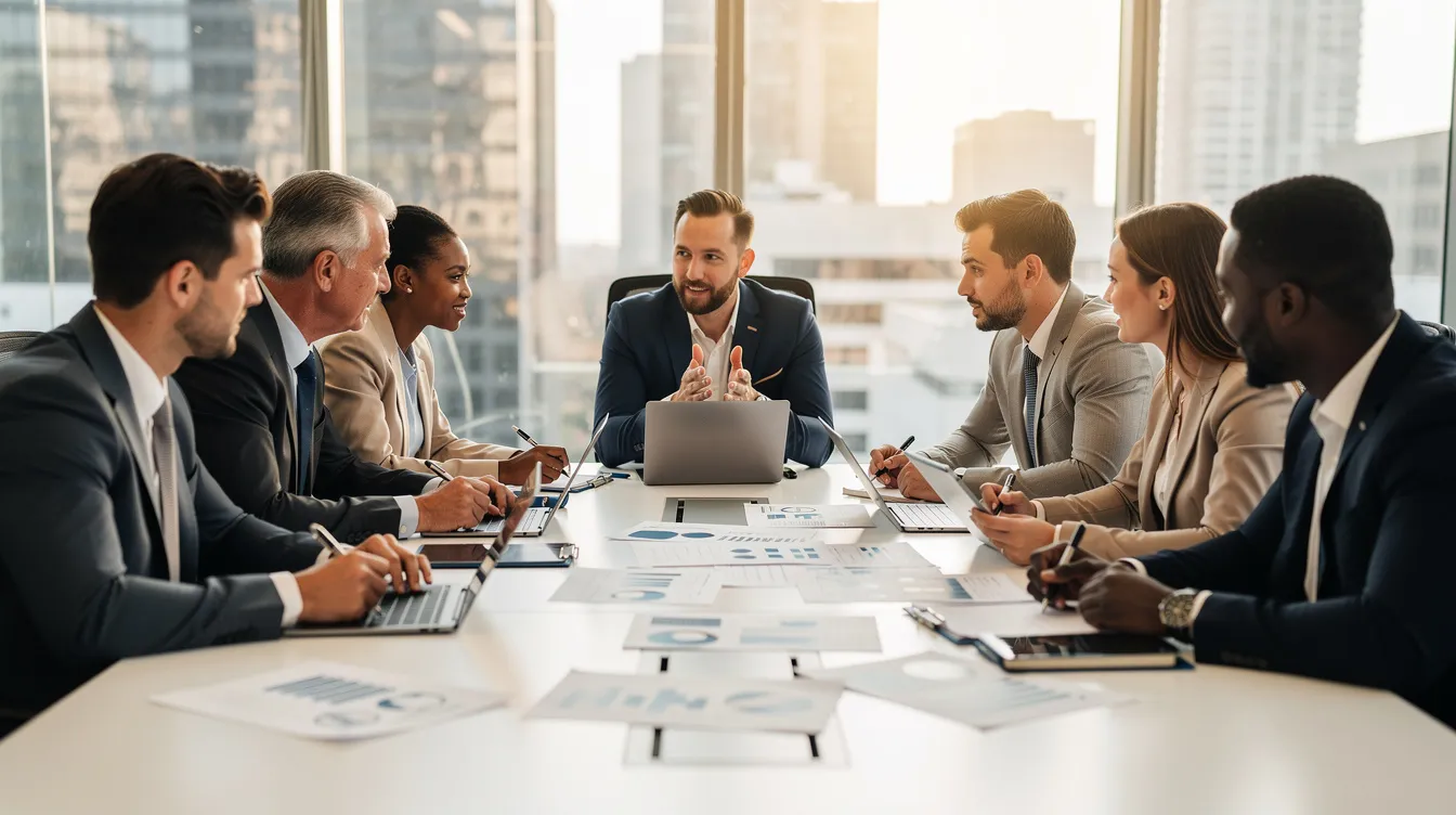 A diverse team of professionals is engaged in a constructive meeting around a conference table, discussing strategies for effective cybersecurity training and awareness programs to combat cyber threats and prevent data breaches. The atmosphere is collaborative, emphasizing the importance of training employees on security best practices and the latest cybersecurity trends.