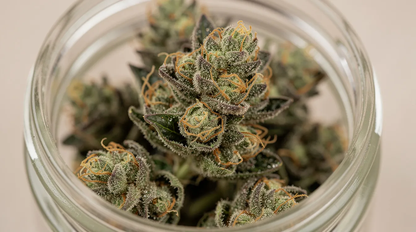 The image features dried hemp flower buds displayed in an open glass jar, showcasing their trichomes and vibrant orange pistils. The distinct smell of the hemp flower is often associated with the aromatic compounds found in cannabis plants, which can include earthy and citrusy notes.