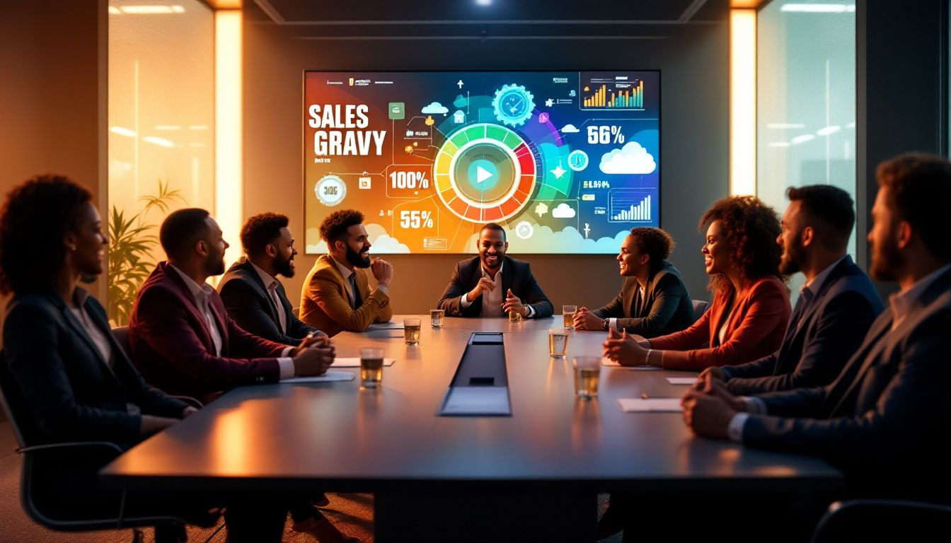 A dynamic image representing the Sales Gravy Podcast with sales professionals engaged in a discussion.