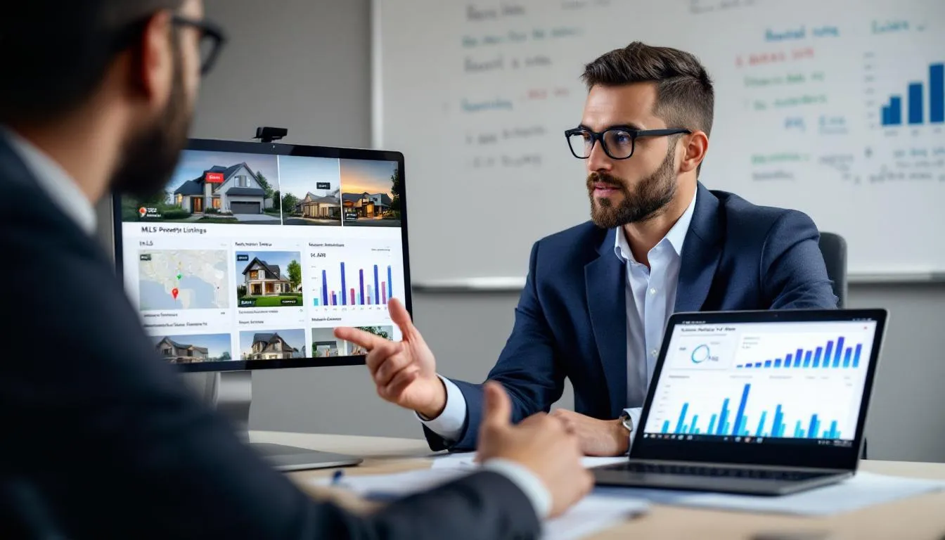 The image depicts a professional real estate consultation where an agent is reviewing MLS listings and market data with a client. The focus is on properties in Catalina Isles, located in Fort Myers, showcasing various homes for sale, including details about bedrooms and bathrooms for potential buyers.