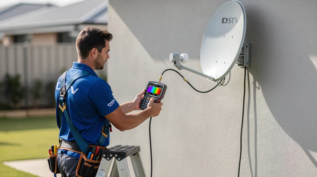 A DSTV technician is testing the satellite signal using a handheld signal meter, ensuring proper setup for the DSTV installation. The technician is focused on resolving any signal issues to provide quality installation services for clients in South Africa.