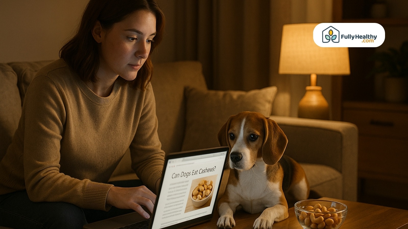 Woman researching if dogs can eat cashews with her beagle beside