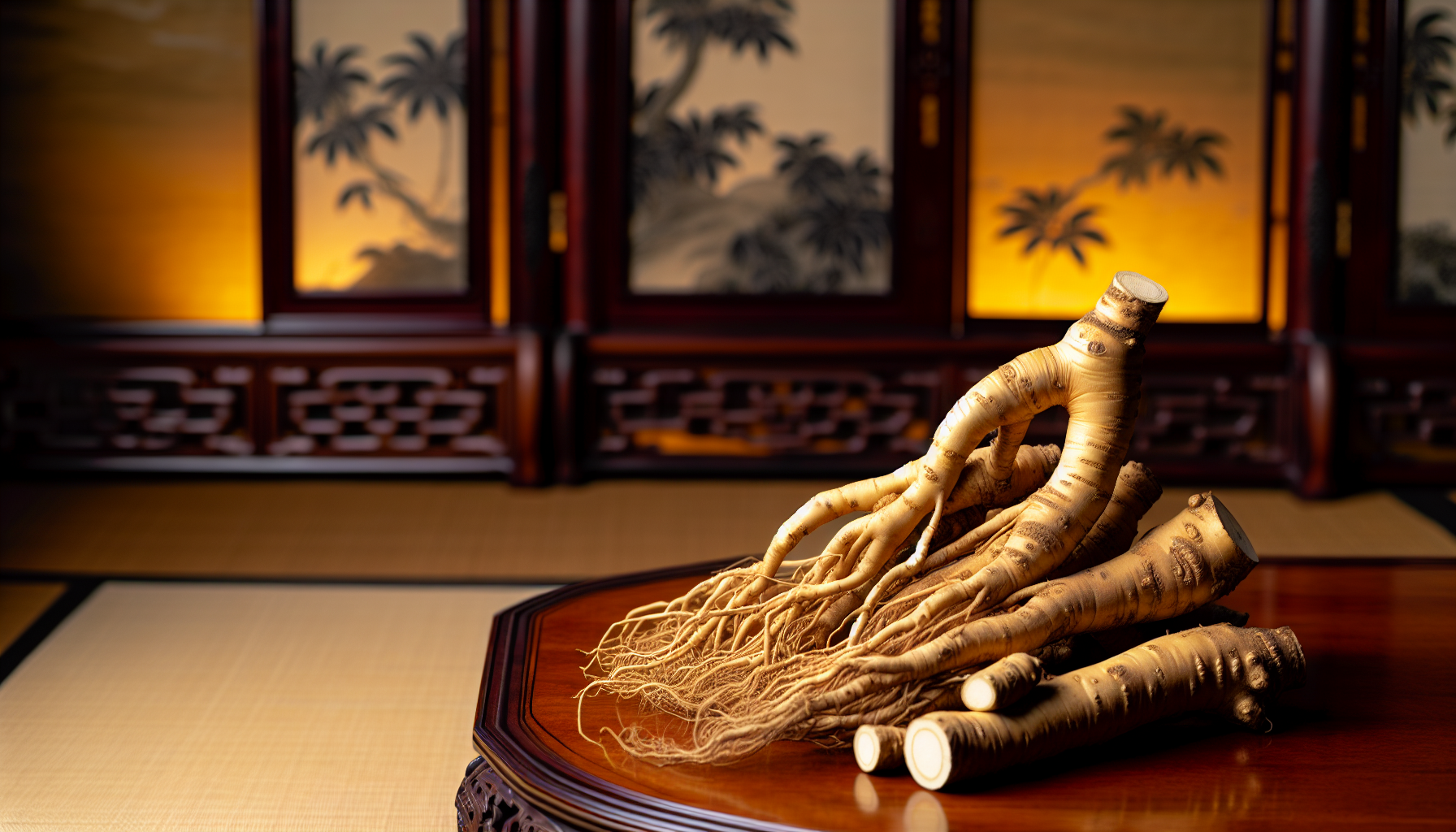 Panax Ginseng roots in traditional Asian setting