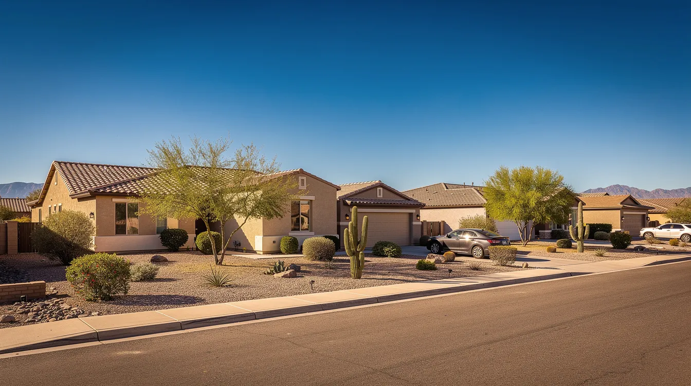 The image depicts a sunny suburban neighborhood in Arizona, showcasing bright stucco homes under a clear blue sky, radiating warmth from the intense sunlight. This picturesque scene highlights the residential community, where homeowners might seek reliable emergency plumbing services for any plumbing emergencies that arise.