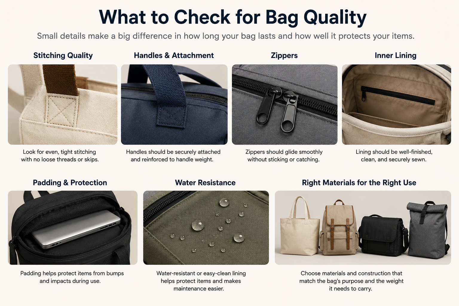 Custom bag quality checklist showing stitching, reinforced handles, zippers, lining, padding, water resistance, and material choice