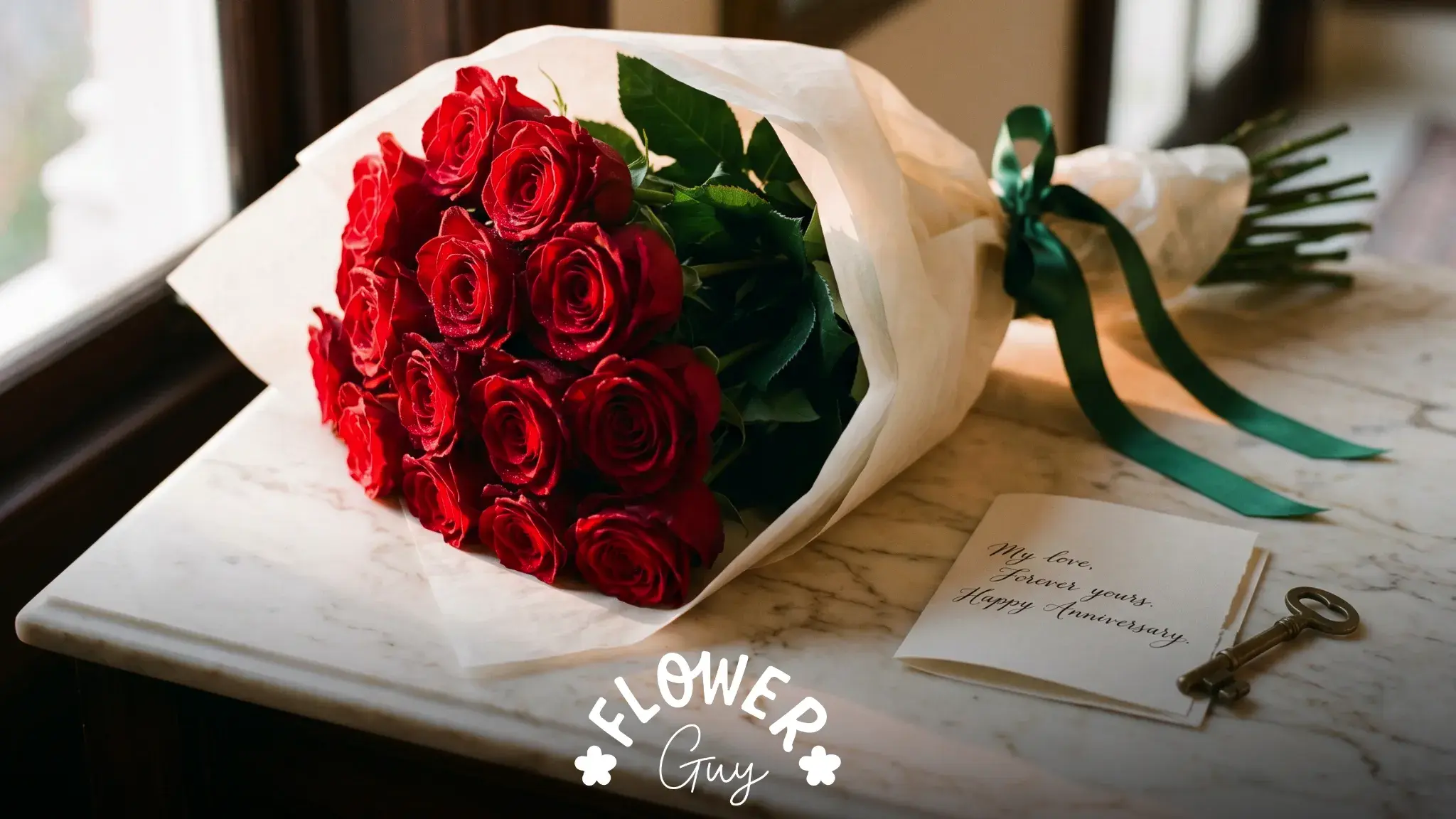 Twelve long-stem red roses tied with green satin ribbon on a marble entryway console at dawn with a handwritten note