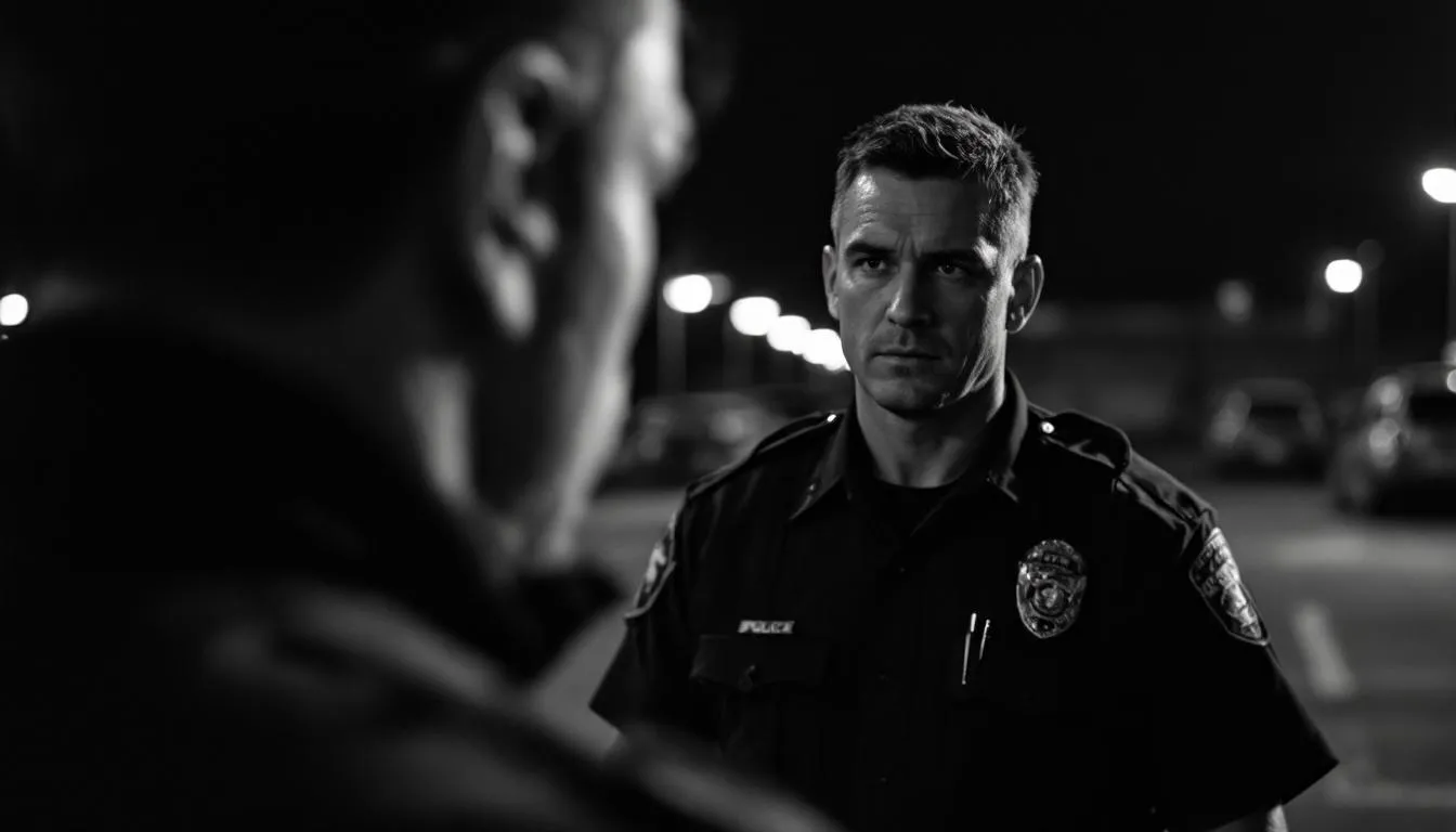 A blurred image of a police officer conducting a field sobriety test.