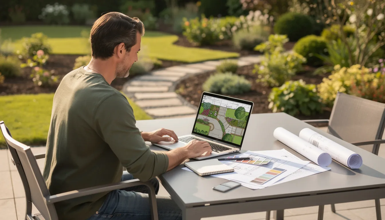 A landscape designer is seated at an outdoor table, intently reviewing landscape plans on a laptop, surrounded by elements of nature like trees and shrubs, while visualizing the potential of the outdoor space for a dream garden. The scene captures the design process as they explore ideas for creating an amazing backyard design.