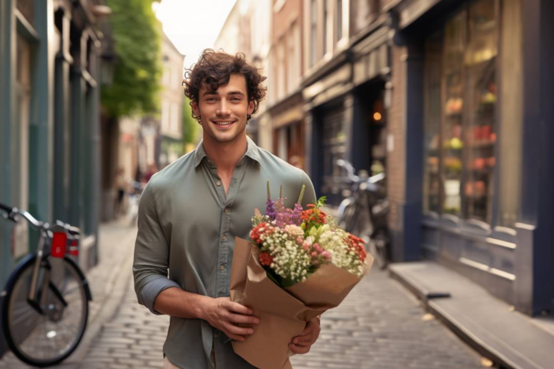 Flower and gift delivery service, handsome man holding beautiful bouquet for birthday from the flower shop - Flower Guy