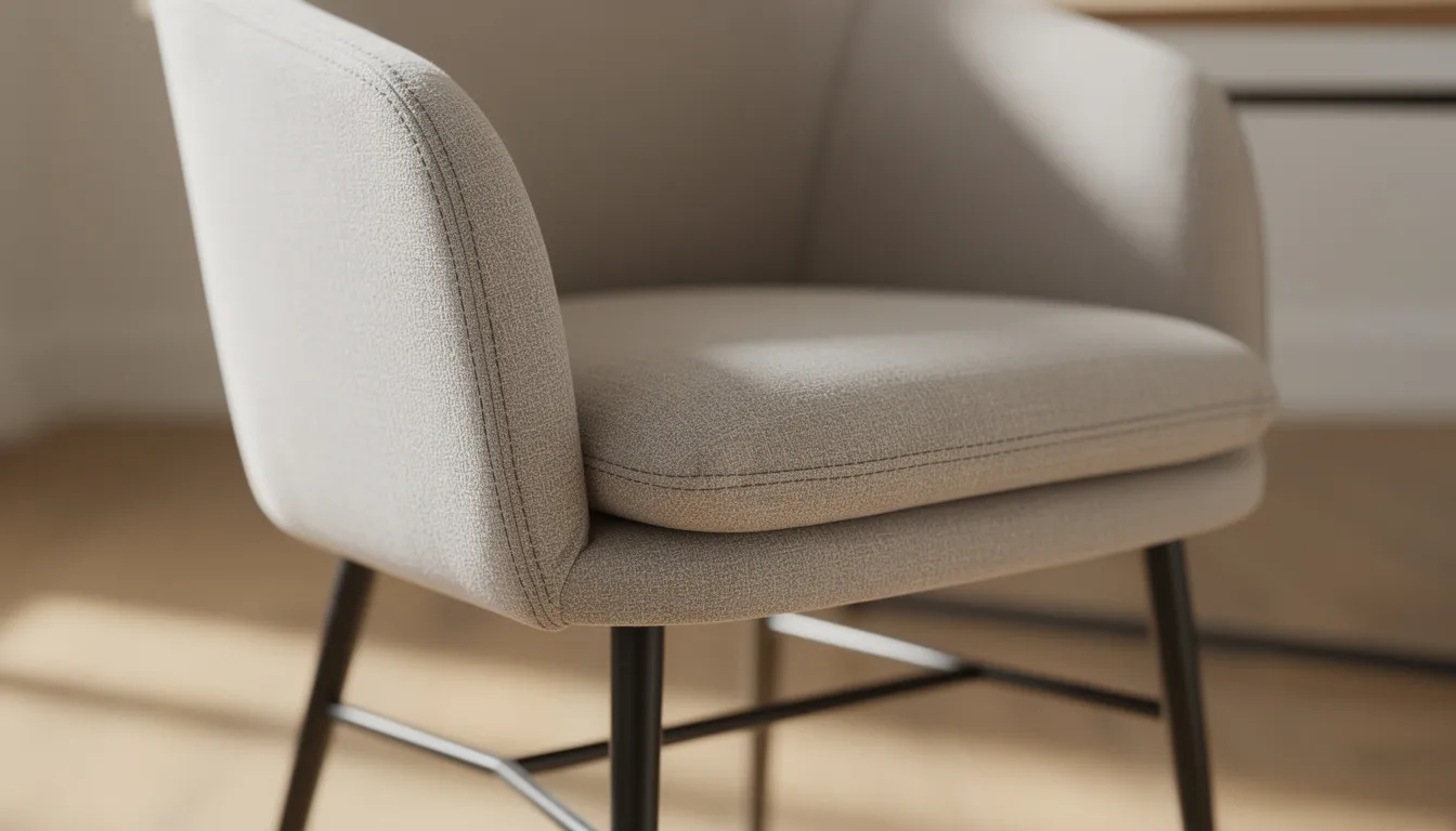 Detailfoto van een comfortabele eetkamerstoel met een zachte zitting en armleuningen in een neutrale beige kleur, perfect voor lange avonden tafelen. De stoel biedt optimaal zitcomfort en past mooi in diverse interieurs.