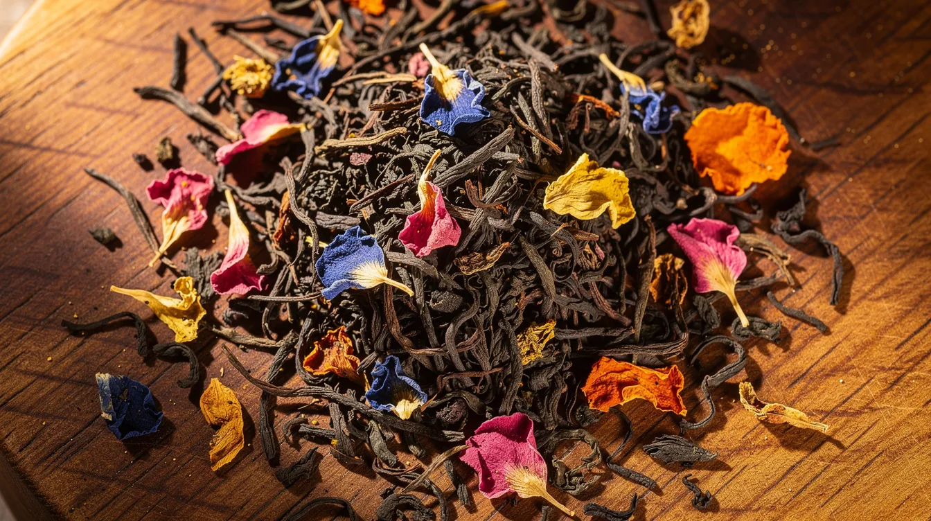 Czarna herbata liściasta z kolorowymi płatkami kwiatów – susz do przygotowania Earl Grey