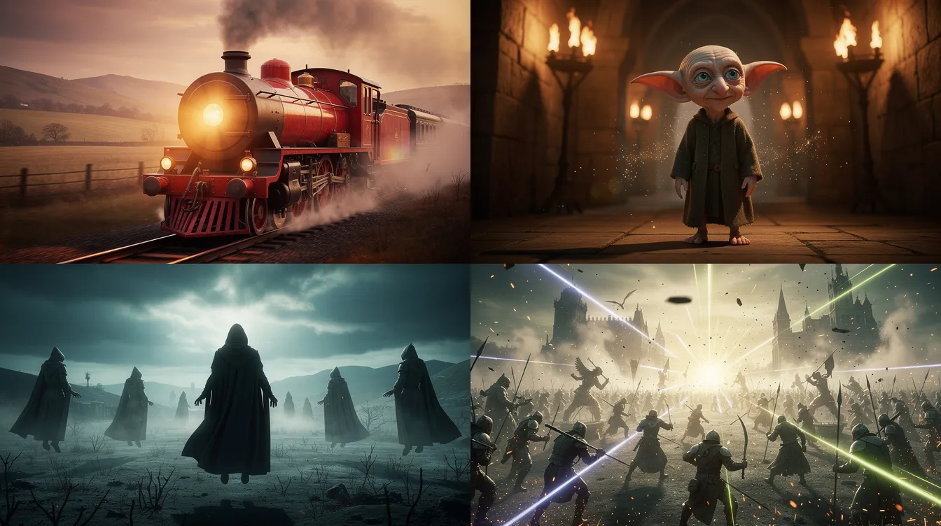 Die Collage zeigt vier verschiedene Szenen aus der Harry Potter Welt: einen roten Dampfzug, einen kleinen Hauselfen, schwebende dunkle Gestalten und eine große Schlachtszene mit Lichtblitzen, die jeweils in unterschiedlichen Farbstimmungen dargestellt sind. Diese bildliche Zusammenstellung spiegelt die Abenteuer und die magische Atmosphäre der Harry Potter Bücher wider.