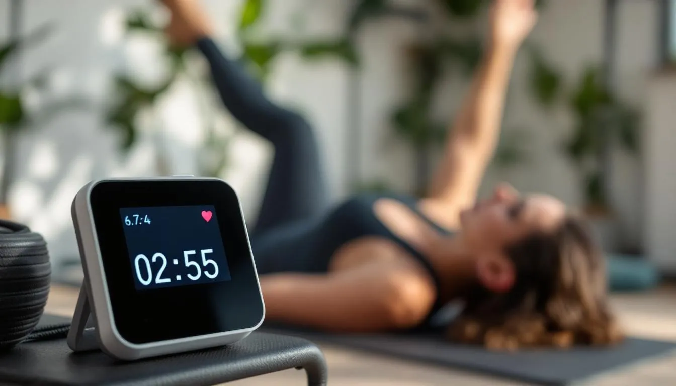 The image shows a heart rate monitor display indicating a moderate intensity zone during a pilates session, highlighting the importance of cardiovascular endurance and body awareness in this form of aerobic exercise. This visual emphasizes the connection between pilates exercises and heart health, showcasing how controlled movements can contribute to overall fitness and well-being.