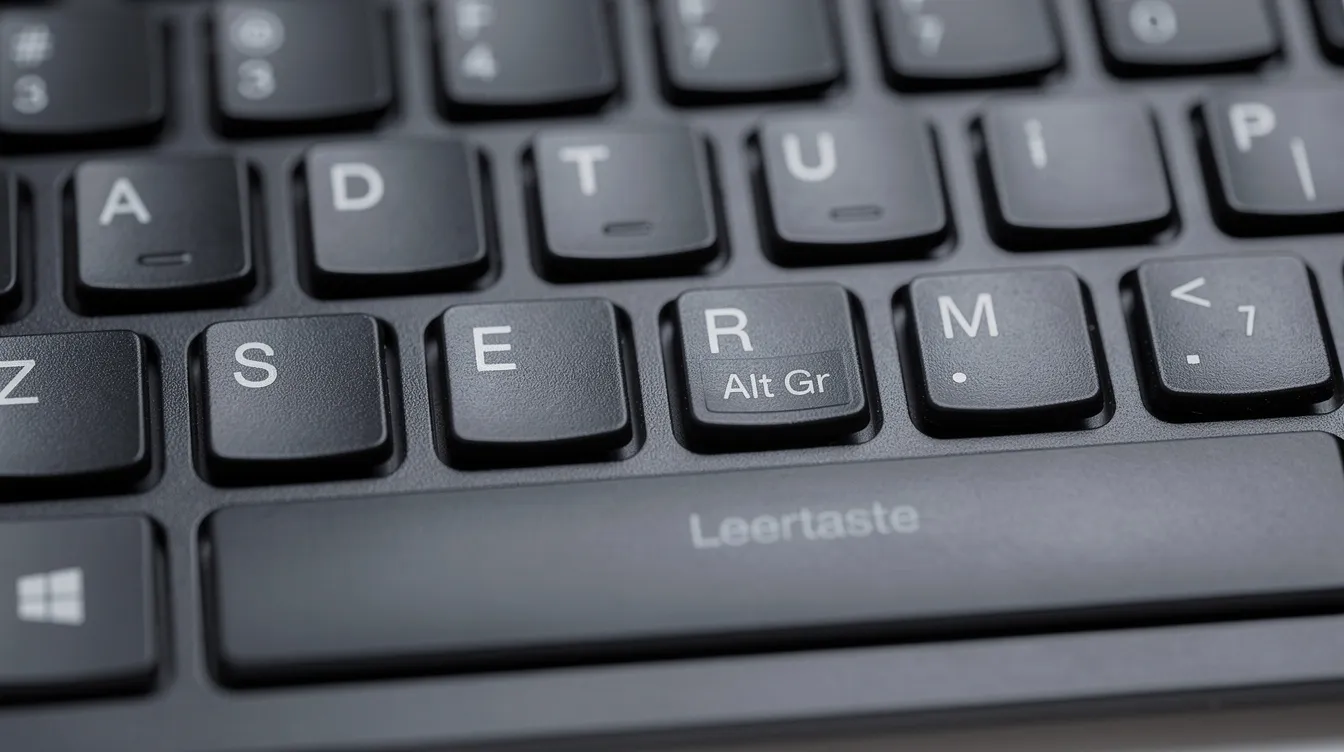 Die Nahaufnahme zeigt eine PC-Tastatur, auf der die E-Taste und die AltGr-Taste besonders hervorgehoben sind. Diese Tasten sind wichtig für die Eingabe von Sonderzeichen wie dem Euro-Zeichen und werden häufig in Textverarbeitungsprogrammen oder beim Arbeiten mit verschiedenen Betriebssystemen verwendet.