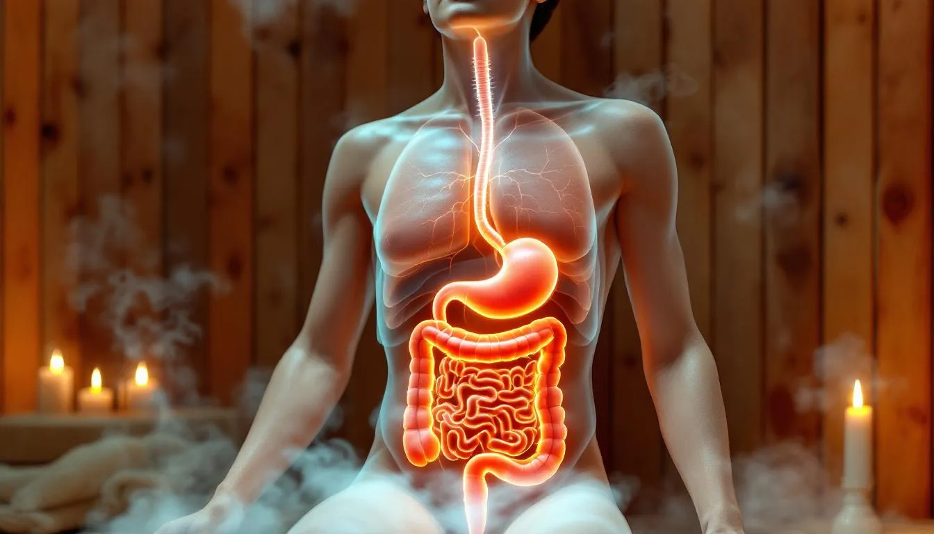 A realistic image depicting the Gut-Brain Axis and Sauna Use shows a diverse group of people engaging in sauna therapy, highlighting the connection between sauna use and gut health. The scene emphasizes the benefits of heat exposure on gut microbiota composition and overall well-being, illustrating how sauna sessions can support intestinal barrier function and improve gut health.