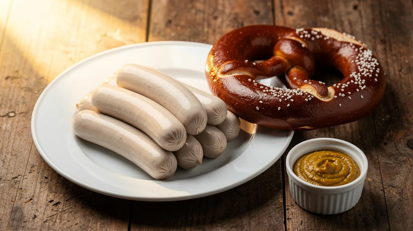 Das Bild zeigt ein traditionelles bayerisches Frühstück mit hellen Würsten, bekannt als Weißwurst, auf einem weißen Teller. Neben der Wurst liegen eine frische Laugenbrezel und ein kleines Schälchen Senf auf einem rustikalen Holztisch, was die typisch bayerische Küche unterstreicht.