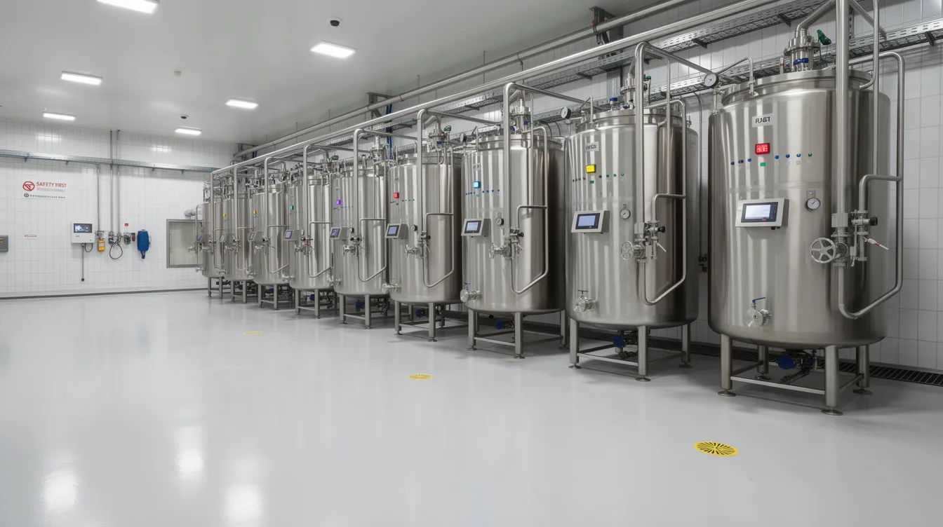 The image depicts the interior of a modern dairy processing facility, featuring large stainless steel tanks and intricate piping systems essential for milk production. This environment highlights key aspects of the dairy industry, such as quality control and efficient processing, which are crucial for producing dairy beverages with longer shelf life.
