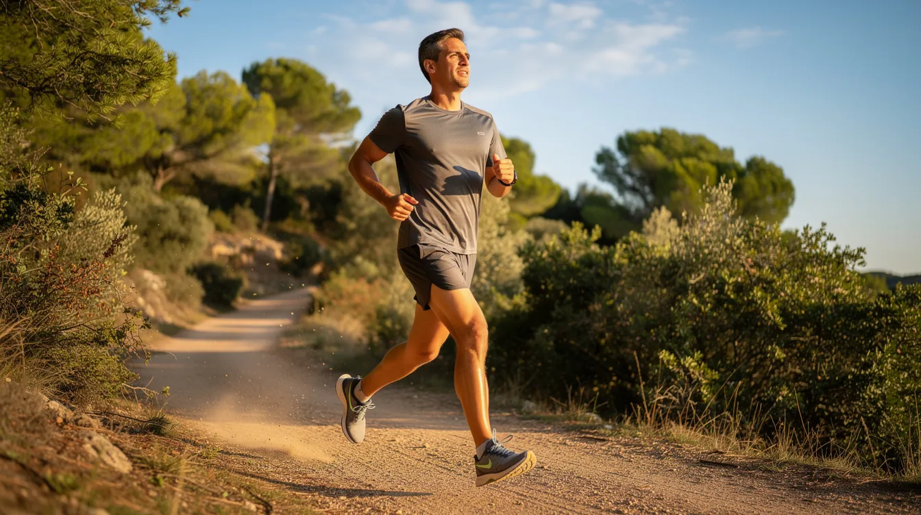 A person is jogging outdoors on a sunny trail, wearing athletic clothing and enjoying the fresh air, which contributes to their overall health and may help in maintaining a lower biological age. The scene reflects a lifestyle choice that promotes longevity and reduces the risk of age-related diseases.