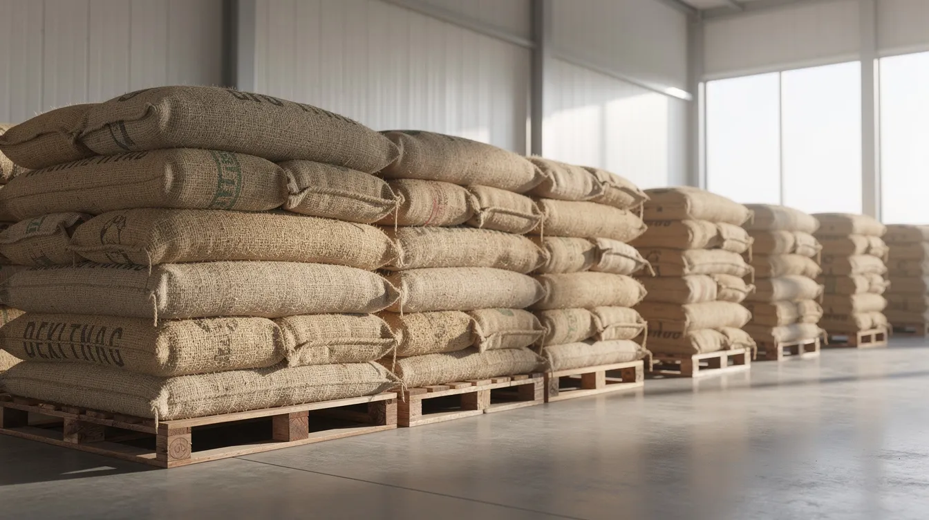1fbf34bb c152 462f 9bf8 4924f562ab87 The image features neatly stacked burlap sacks filled with rice grains in a well-lit warehouse, with natural light streaming through the windows. This setting reflects the organized environment of the food processing industry, essential for managing raw material costs and ensuring efficient operations in a poha manufacturing business.