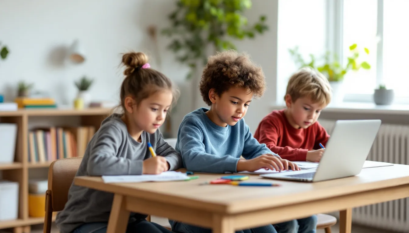 En la imagen, varios niños están sentados alrededor de una mesa, concentrados en hacer sus deberes utilizando un ordenador portátil. Se puede observar su colaboración y habilidades de comunicación mientras trabajan juntos en un ambiente de aprendizaje.