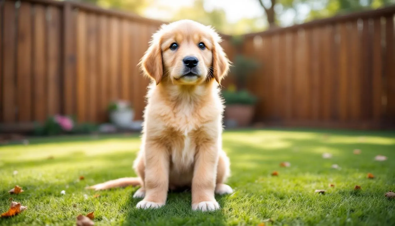 A young golden retriever puppy sits safely in a fenced backyard, enjoying a secure environment while waiting to go outside. This pup, likely in the early weeks of age, represents the joy of pet parents ensuring their new puppy is fully vaccinated before socializing with other dogs.