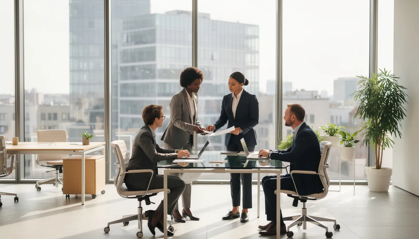 Na zdjęciu widoczna jest grupa międzynarodowych profesjonalistów pracujących w nowoczesnym biurze w Warszawie, w centrum rynków nieruchomości. Wszyscy są zaangażowani w dyskusję na temat wynajmu nieruchomości, co może sugerować ich profesjonalne doradztwo w obrocie nieruchomościami.