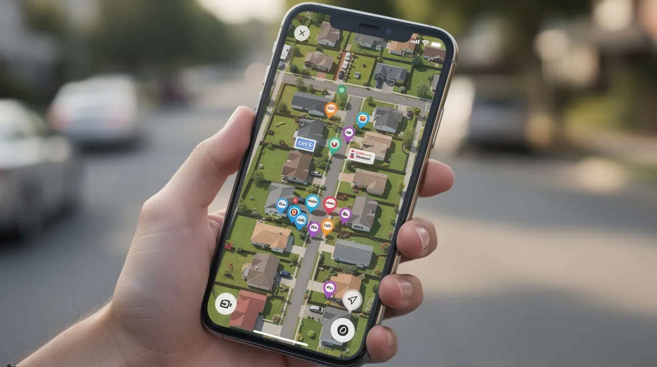 The image shows a smartphone screen featuring a detailed map with multiple location pins indicating local HVAC companies and other businesses in a residential area, highlighting their visibility for homeowners searching for HVAC services. The map's layout suggests a focus on enhancing local SEO and helping customers find qualified leads through digital marketing strategies.