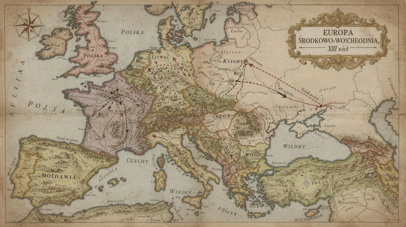 Na obrazie znajduje się stara mapa Europy Środkowo-Wschodniej z XVII wieku, na kt&oacute;rej zaznaczone są granice oraz szlaki wojenne związane z obroną granic Rzeczypospolitej. Mapa ilustruje historyczne wydarzenia, takie jak wyprawy zbrojne i bitwy, kt&oacute;re miały miejsce w tym okresie, co może być pomocne w nauce historii w klasie 6, dział 3.