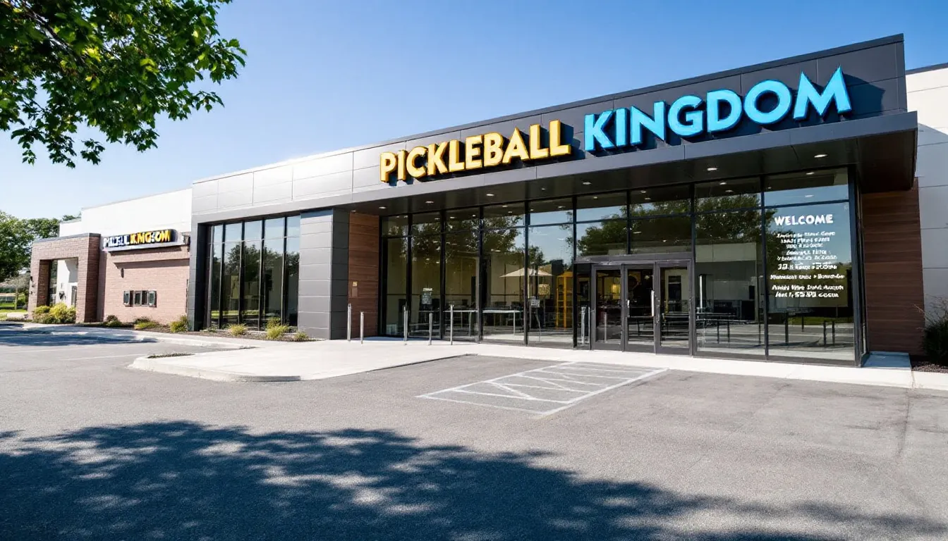 The image depicts the exterior of a modern Pickleball Kingdom facility, featuring large windows that allow natural light to flood the space and attractive signage that invites visitors to join the community. This new club in South Brunswick Township embodies the spirit of the fastest growing sport, offering a welcoming environment for players of all skill levels.