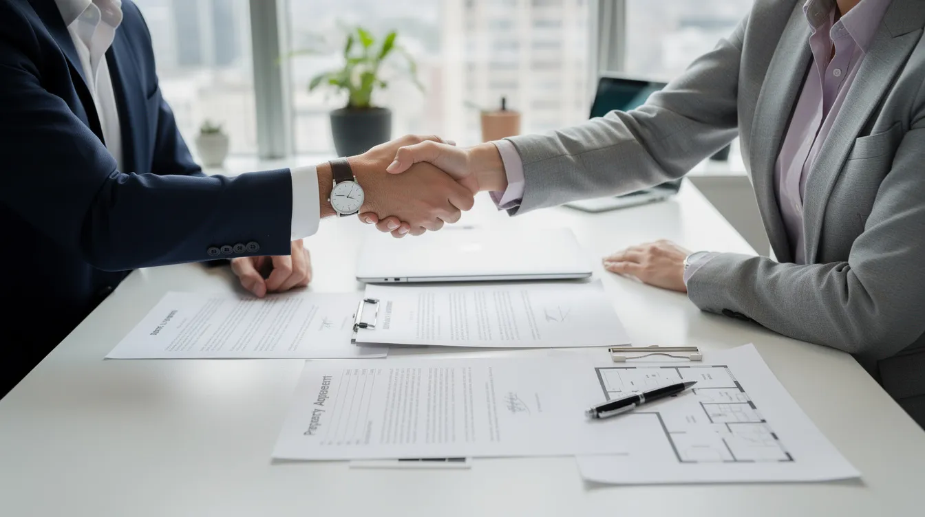The image depicts two individuals shaking hands across a table, with various property documents laid out between them, symbolizing a real estate transaction. This scene represents the collaboration between real estate investors and hard money lenders as they discuss financing options for purchasing investment property.