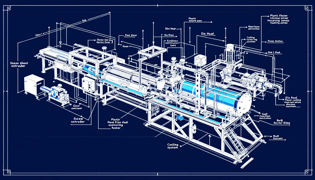 Key components of a plastic sheet extruder machine.