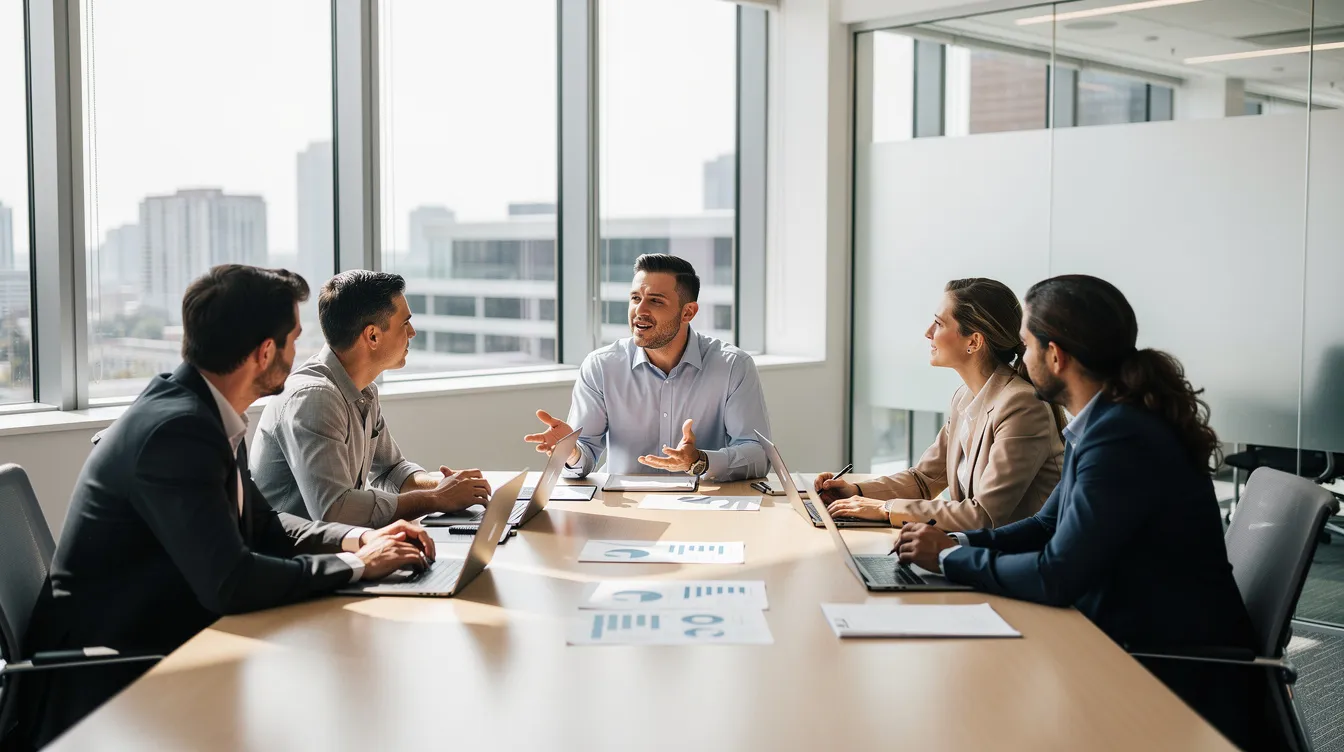 The image depicts a small business owner engaged in a meeting with a team of consultants in a bright and modern conference room, where they discuss strategies for growth and development. The atmosphere reflects a culture of collaboration and learning, emphasizing the importance of expertise and guidance in navigating the challenges of entrepreneurship.