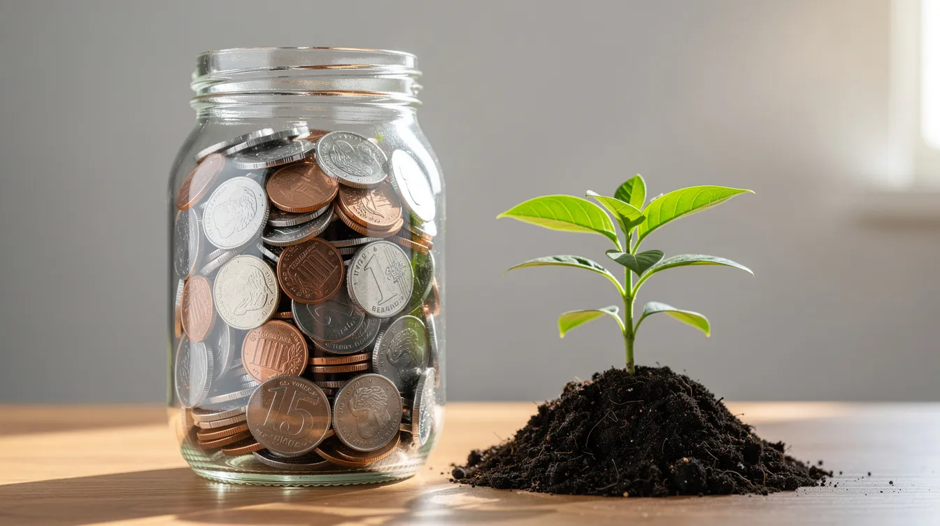 The image features a glass jar filled with various coins, symbolizing the concept of savings growth, positioned next to a small green plant that is sprouting, representing financial growth and prosperity. This visual metaphor highlights the importance of saving and investing, akin to applying for 免 tu 貸款 to enhance one's financial situation.