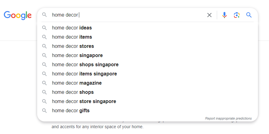 Google suggest for the search term "home decor"