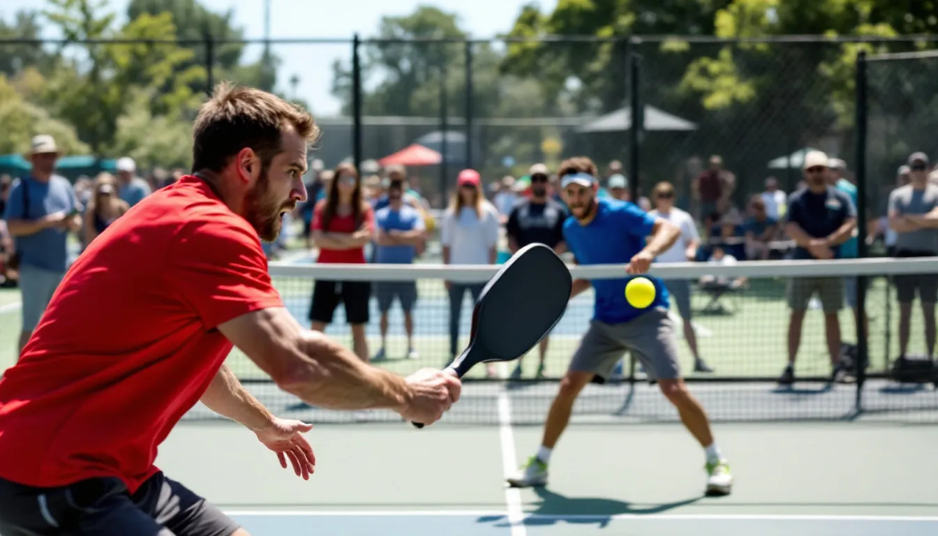 In this image, intense pickleball players are competing in a tournament match on an outdoor court, showcasing their skills and strategy during a round robin event. The atmosphere is vibrant as spectators cheer for the athletes engaged in this fast-paced sport.