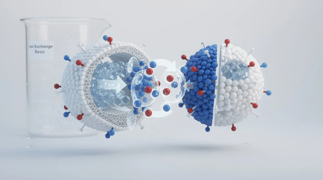 The image depicts various ion exchange resin beads used in water treatment processes, showcasing both cation exchange resins and anion exchange resins. These resin beads are essential for removing unwanted dissolved ions, such as calcium and magnesium ions, to produce ultrapure water and improve drinking water quality through ion exchange reactions.