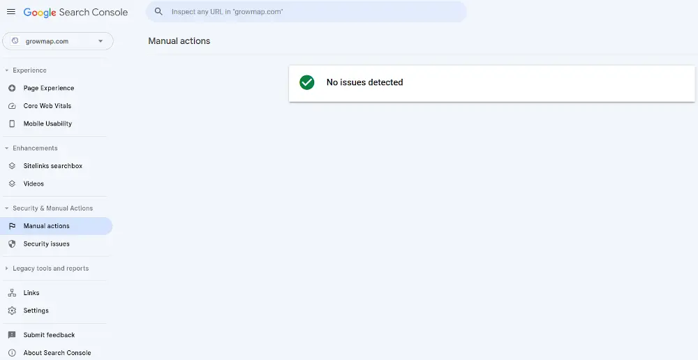Google Search Console Manual Actions No Issues Detected.