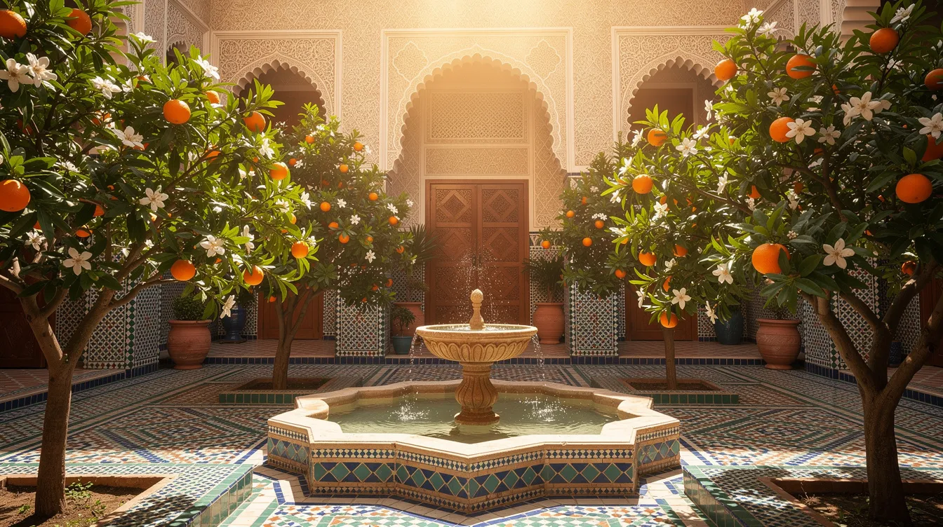 The image depicts a serene courtyard of a traditional Moroccan riad, featuring blooming orange trees surrounded by intricate mosaic tiles and a central fountain. This tranquil setting, ideal for visiting Marrakech, showcases vibrant blossoms under clear skies, making it a perfect spot for travelers to enjoy pleasant weather year-round.