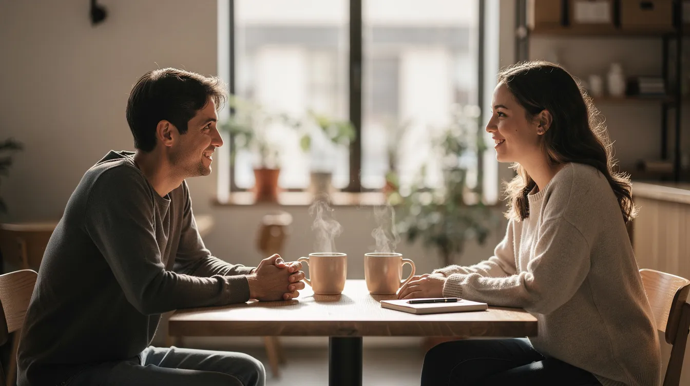 The image depicts two people sitting across from each other at a table, engaged in a calm conversation that suggests a moment of emotional intimacy. Their body language indicates a balance of connection and emotional safety, reflecting the dynamics often seen in anxious and avoidant relationships.