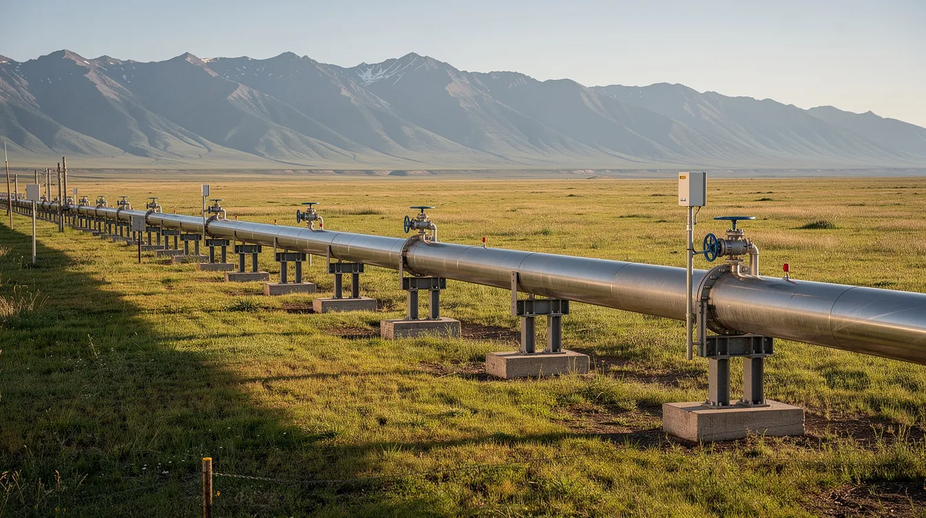 The image depicts a natural gas pipeline infrastructure stretching across an open field, with majestic mountains rising in the background. This scene highlights the critical role of energy infrastructure in supporting data center projects and the digital economy, essential for powering cloud computing and ensuring compliance within the data center industry.