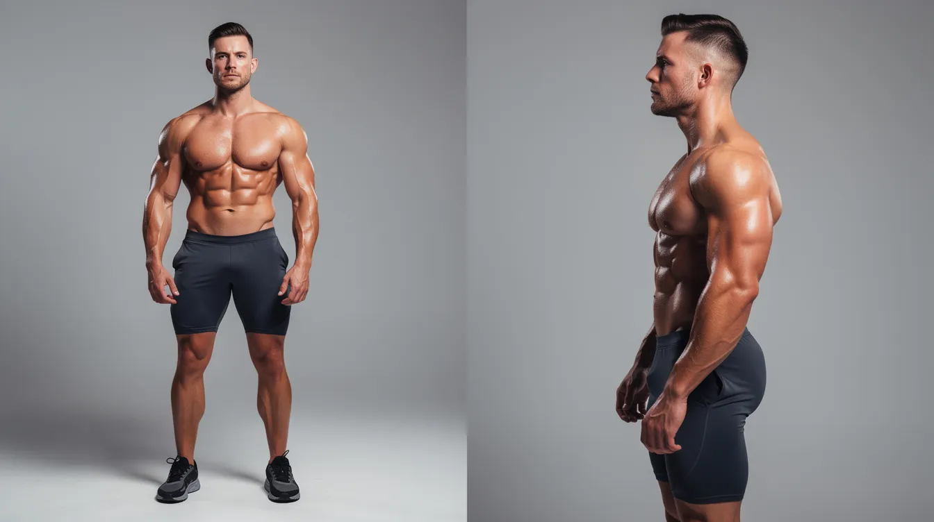 An athletic man stands confidently, showcasing a toned torso from both front and side angles, highlighting the results of male liposuction. His physique reflects a commitment to a healthy lifestyle, with defined contours and a strong abdomen, emphasizing the positive impact of the procedure on self-esteem and body confidence.