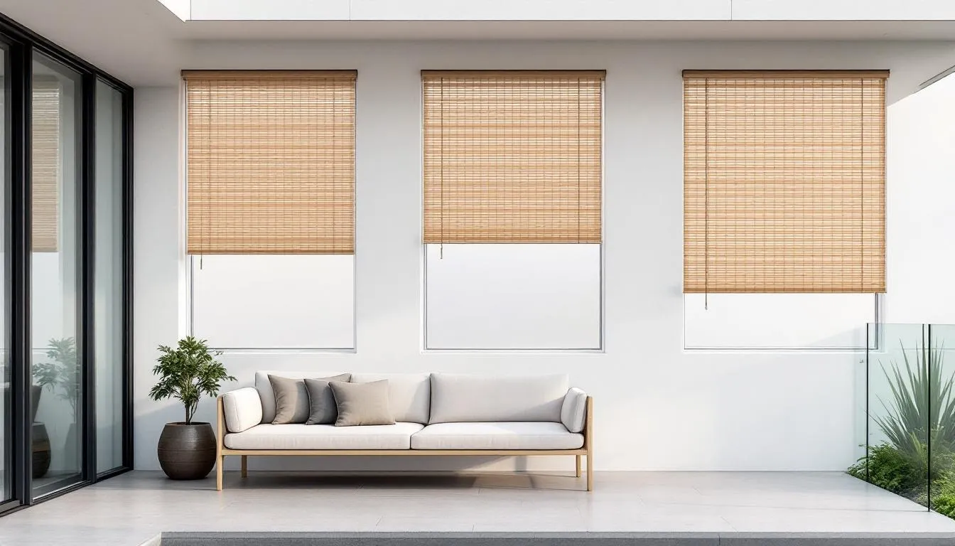 A variety of custom-made exterior window shades displayed in an outdoor setting.